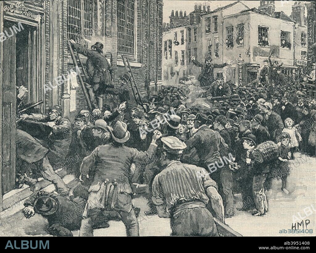 Scene in the Birmingham 'No Popery' riots', 1868 (1906). Rioting broke out after a lecture by the anti-Catholic campaigner William Murphy. From Cassell's History of England, Vol. VI. [Cassell and Company, Limited, London, Paris, New York & Melbourne, 1906].