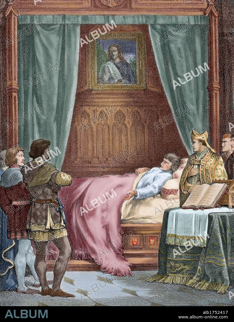 FERNANDO II el Católico (Sos, 1452-Madrigalejo, 1516). Rey de Sicilia (1468-1516), de Castilla (1474-1504), de la corona de Aragón (1479-1516) y de Nápoles (1504-16), hijo de Juan II de Aragón y de Juana Enríquez. "MUERTE DE FERNANDO EL CATOLICO". Grabado coloreado.