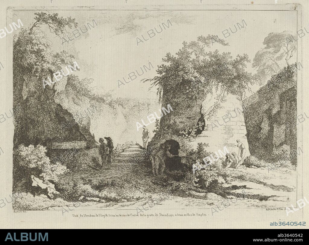 Vue du Tombeau de Virgile from Differentes vues dessiné d'après nature... dans les environs de Rome et de Naples. Artist: After Jean Honoré Fragonard (French, Grasse 1732-1806 Paris); after Hubert Robert (French, Paris 1733-1808 Paris); Adélaide Allou (French). Dimensions: Plate: 6 11/16 × 9 1/4 in. (17 × 23.5 cm)
Sheet: 9 11/16 × 12 15/16 in. (24.6 × 32.9 cm). Publisher: Pierre François Basan (French, Paris 1723-1797 Paris (?)). Series/Portfolio: Differentes vues dessiné d'après nature... dans les environs de Rome et de Naples. Date: 18th century.