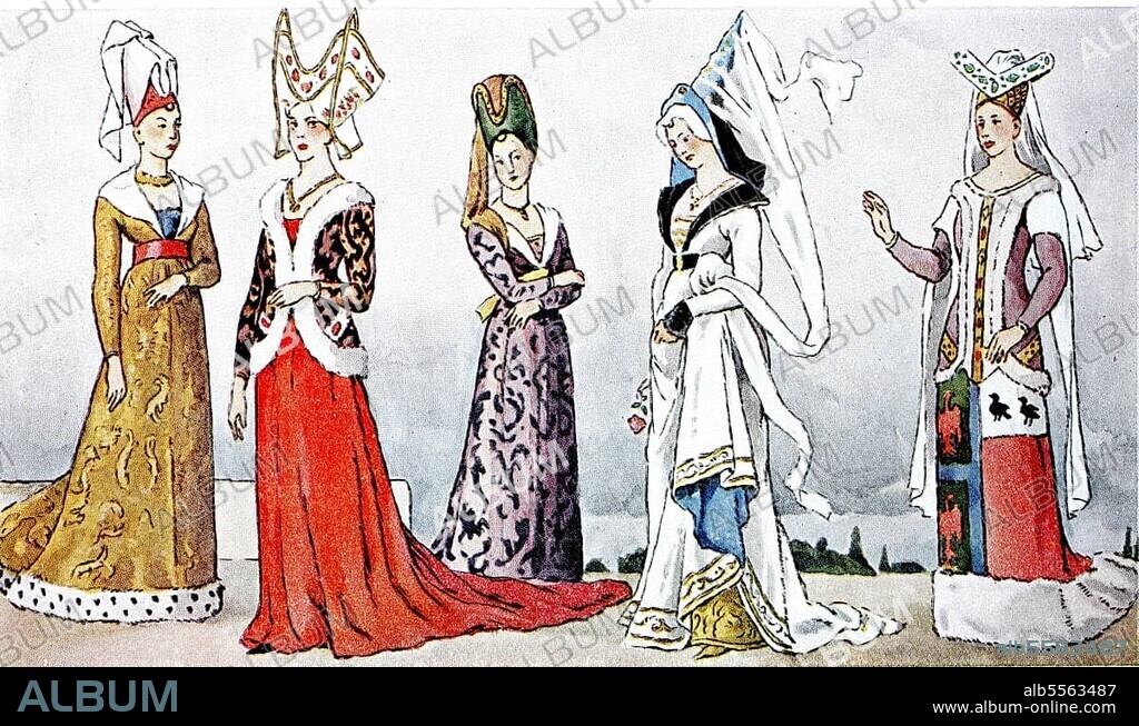 Kleidung, der ersten Hälfte des 15. Jahrhunderts, Hofdamen, vornehme französische Damen langem und auf dem Kopf der Henn, digital verbesserte Reproduktion eer Illustration aus dem 19. Jahrhundert, Mode in Frankreich.