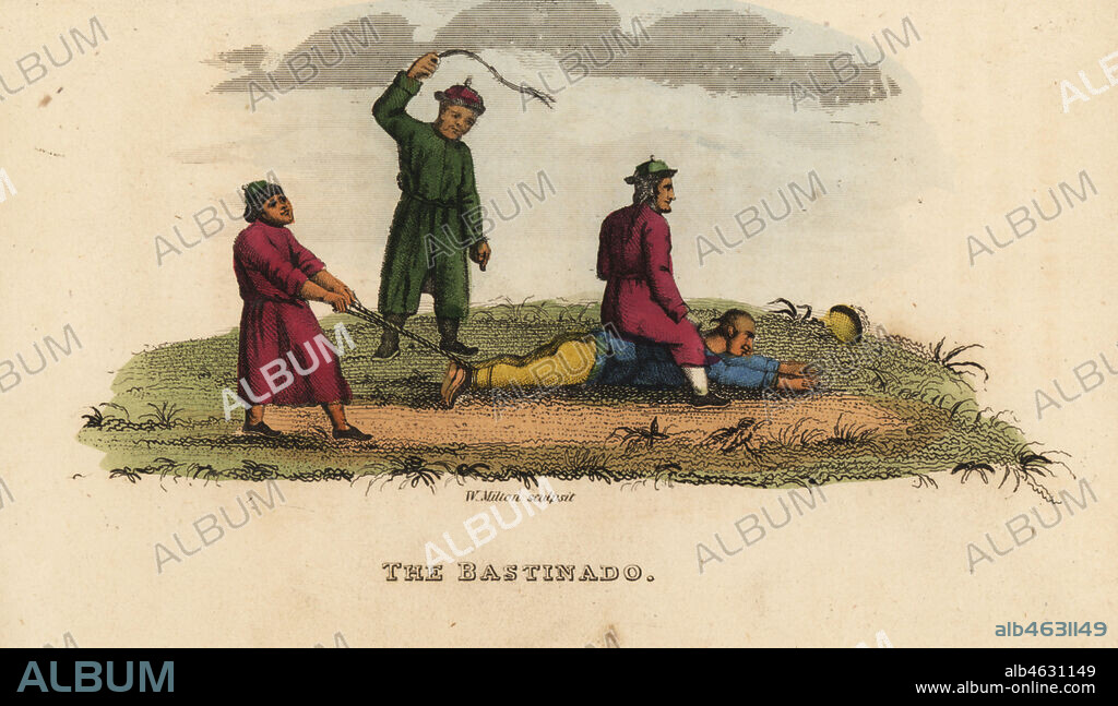 Criminal being punished with the Bastinado, or whipping acoss the thighs with a whip or bamboo cane. Qing Dynasty. Handcoloured copperplate engraving by Andrea Freschi after Antoine Cardon from Henri-Leonard-Jean-Baptiste Bertin and Jean Baptiste Joseph Breton's China, Its Costumes, Arts, Manufactures, etc., Howlett and Brimmer, London, 1824.