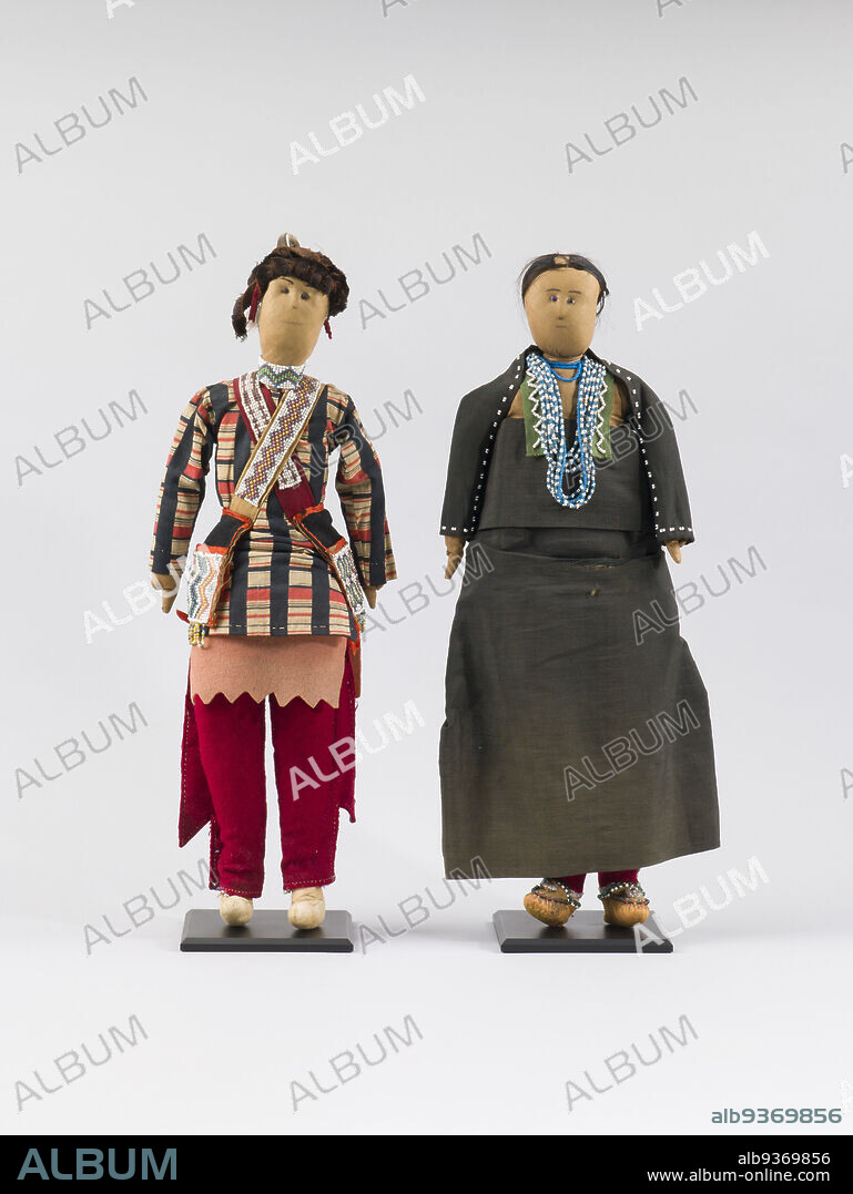 Pair of Dolls, Anishinaabe, Anishinaabe (Ojibwe), c.1900, Cotton cloth, hide, wool cloth, glass beads, silk, human hair, fur, feather, and pigment, Made in Minnesota, United States, North and Central America, Sculpture, textiles, each (measured with arms outstretched): 19 × 8 × 2 in. (48.3 × 20.3 × 5.1 cm).