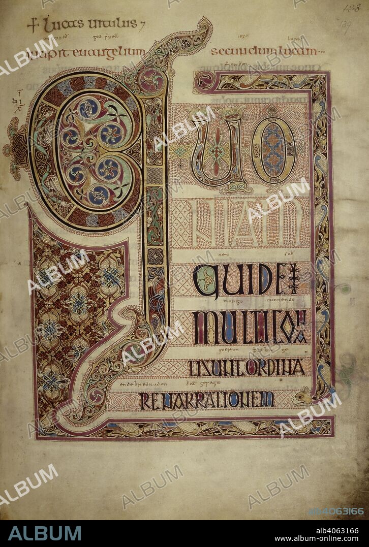 St. Luke's Gospel; Incipit page. Lindisfarne Gospels. N.E. England [Lindisfarne]; 710-721. [Whole folio] Incipit page to St. Luke's Gospel. Text, with decorated initial 'Q'. Decorated borders.  Image taken from Lindisfarne Gospels.  Originally published/produced in N.E. England [Lindisfarne]; 710-721. . Source: Cotton Nero D. IV, f.139. Language: Latin, with Anglo-Saxon glosses.