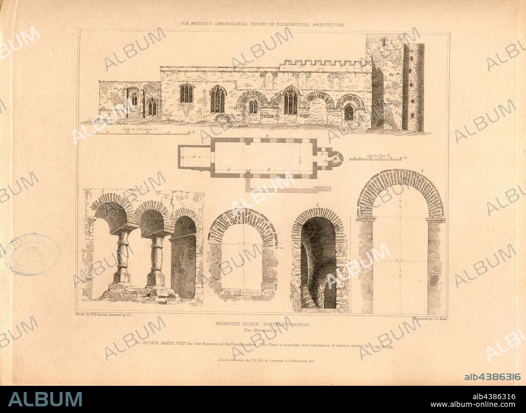 Brixworth Church, Northamptonshire, plan, elevation, Floor plan and elevation of the All Saints' Church in Brixworth, Northamptonshire, signed: Drawn by W.H. Bartlett, directed by J.B, Engraved by J. Le Keux; Published by Longman & Co, Fig. 2, after p. 260, Britton, John (director); Bartlett, William Henry (drawing); Keux, John Le (engraving); Longman & Co. (published), 1825, John Britton: The architectural antiquities of Great Britain: represented and illustrated in a series of views, elevations, plans, sections and details of various ancient English edifices: with historical and descriptive accounts of each. Bd. 5. London: J. Taylor, 1807-1826.
