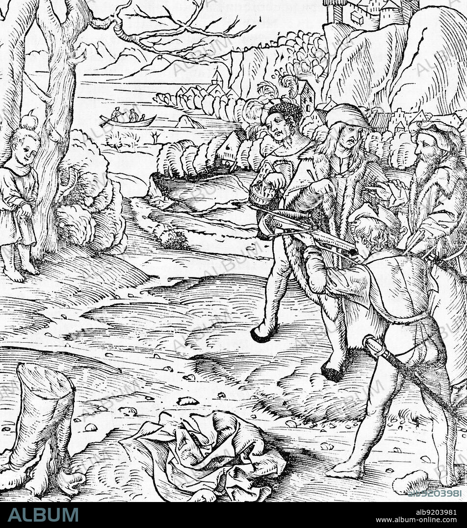 William Tell shooting an apple off the head of his own child. William Tell is a Swiss folk hero of Switzerland. According to legend, Tell was an expert mountain climber and marksman with a crossbow who assassinated Albrecht Gessler, a tyrannical reeve. Tell's defiance and tyrannicide marked the foundation of the Swiss Confederacy, of which Tell is considered the founding father. The first written records of the legend date to the latter part of the 15th century. Illustration from Sebastian Münster's Cosmographia, 1554.
