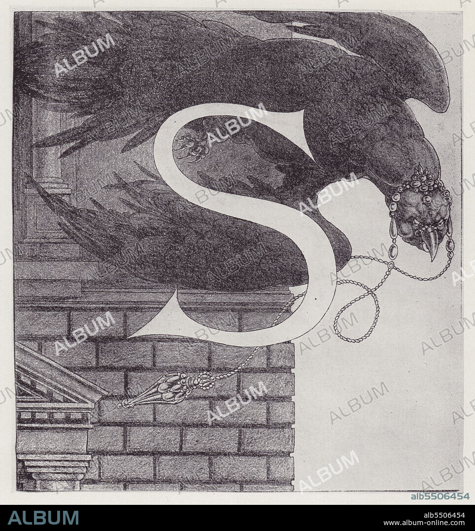 AUBREY BEARDSLEY. Initial Letter S (Vulture) to Volpone, 1898. Illustration for an edition of Ben Jonson's eponymous comedy play, published by Leonard Smithers. This and four others were the only ones of twenty-four contemplated drawings that Beardsley managed to complete before he died of consumption aged 25. From "The Best of Beardsley" edited by R. A. Walker, [The Bodley Head, London, 1948].