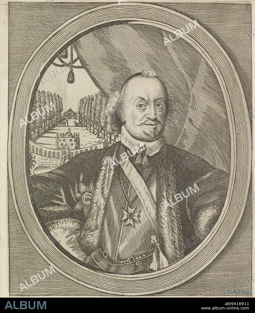 Portrait of Johan Maurits in an oval. In the lower margin his name and titles, Portrait of Johan Maurice, Count of Nassau-Siegen, print maker: Johann Martin Lerch, (mentioned on object), Vienna, c. 1659 - 1693, paper, engraving, etching, h 221 mm × w 161 mm.