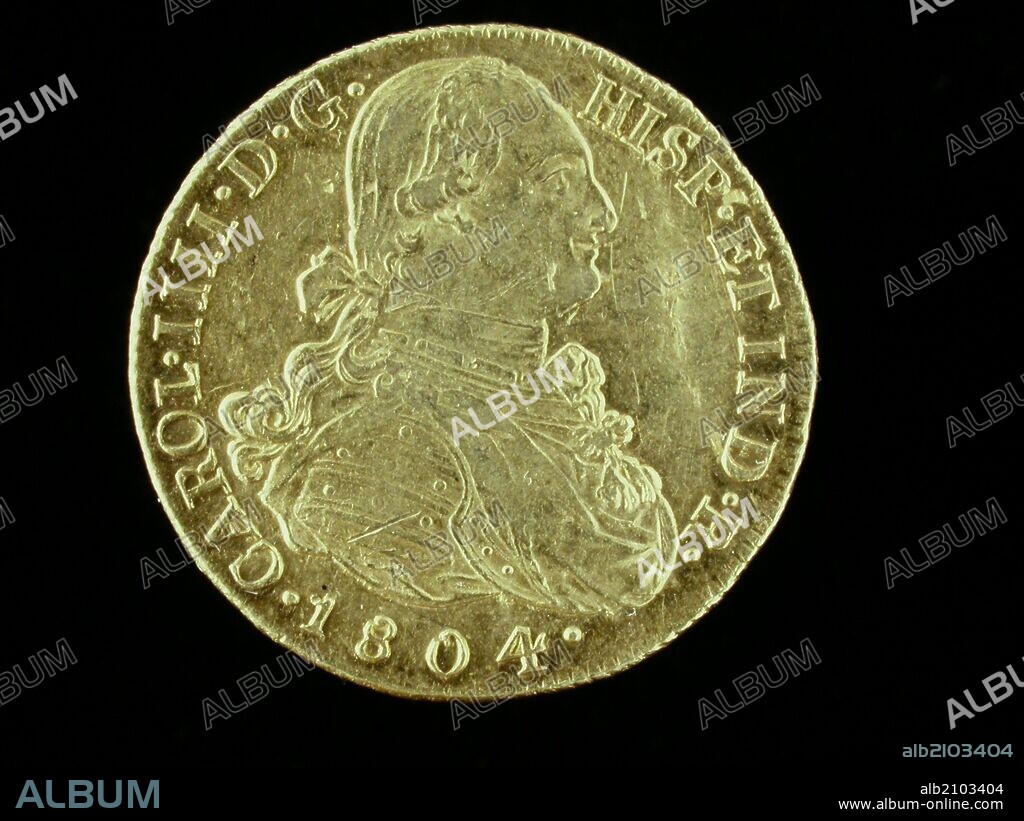 NUMISMATICA. MONEDA MODERNA. OCHO ESCUDOS DE ORO, DE CARLOS IV. ANVERSO. BUSTO DEL REY CON PELUCA, ARMADURA Y MANTO. (DEPOSITO: MUSEO ARQUEOLOGICO NACIONAL).