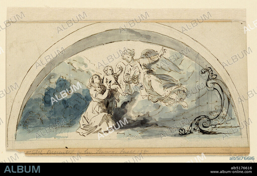 Design for a Lunette, Giacomo Casa, Italian, 1835 1887, Pencil, pen and ink, brush and sepia, watercolor on paper, Horizontal rectangle showing design for a lunette with a mother, child and angel., Italy, 18551860, albums (bound) & books, Drawing, Drawing.