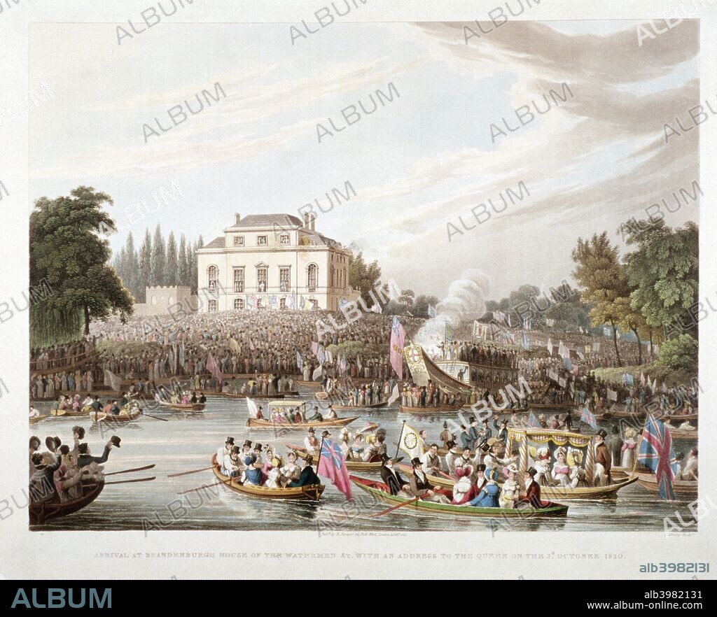 View of the Watermen and Lightermen of the River Thames at Brandenburgh House, Hammersmith, London, 1821. Presenting a loyal address to Caroline of Brunswick during the governmental attempts to deprive her of her title and privileges and to dissolve her marriage to King George IV.