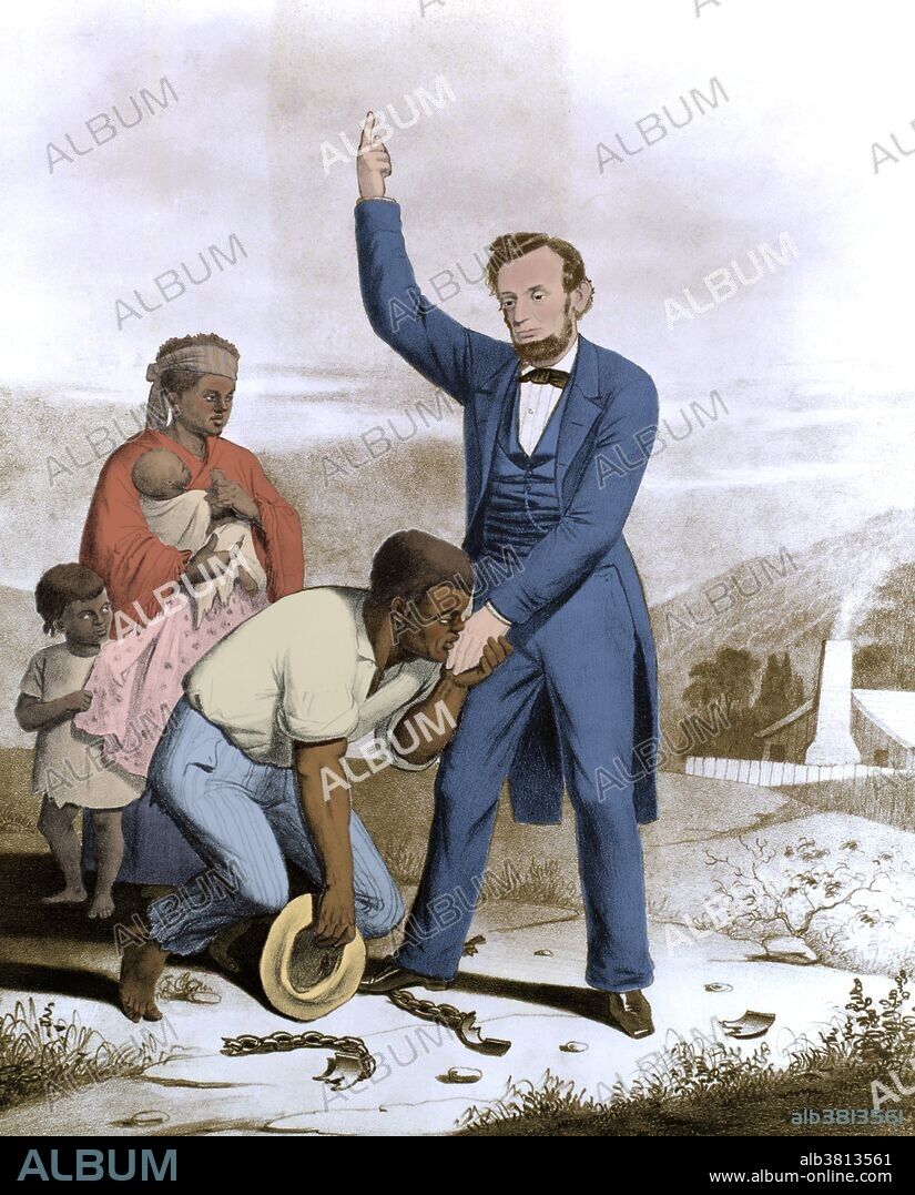 Lithograph shows Lincoln emancipating slaves. Abraham Lincoln (February 12, 1809 - April 15, 1865) was the 16th American President. Reared on the western frontier, Lincoln was mostly self-educated. He became a country lawyer, an Illinois state legislator and member of the House of Representatives. He was elected president in 1860, but before Lincoln took office, seven southern slave states declared their secession and formed the Confederacy. When war began Lincoln concentrated on both the military and political dimensions of the war effort, seeking to reunify the nation. He exercised unprecedented war powers, including the arrest and detention without trial of thousands of suspected secessionists. He issued his Emancipation Proclamation in 1863 and promoted the passage of the Thirteenth Amendment to the Constitution, abolishing slavery. Lincoln married Mary Todd in 1842. They had four sons; Robert Todd, Edward Baker, Willie and Tad, but only Robert survived to adulthood. Lincoln was assassinated by John Wilkes Booth at the Ford Theater on April 14th, 1865. After being in a coma for nine hours, Lincoln died at 7:22 am on April 15, at the age of 56.