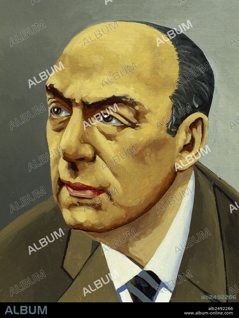 Pablo Neruda (1904-1973). Chilean poet. Nobel Prize in Literature in 1971. Portrait. Drawing and watercolor by the Spanish illustrator Francisco Fonollosa (d. late 20th century).