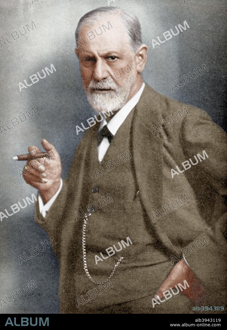 Sigmund Freud (1856-1939), Austrian neurologist. Founder of Psychoanalysis. (Colorised black and white print).