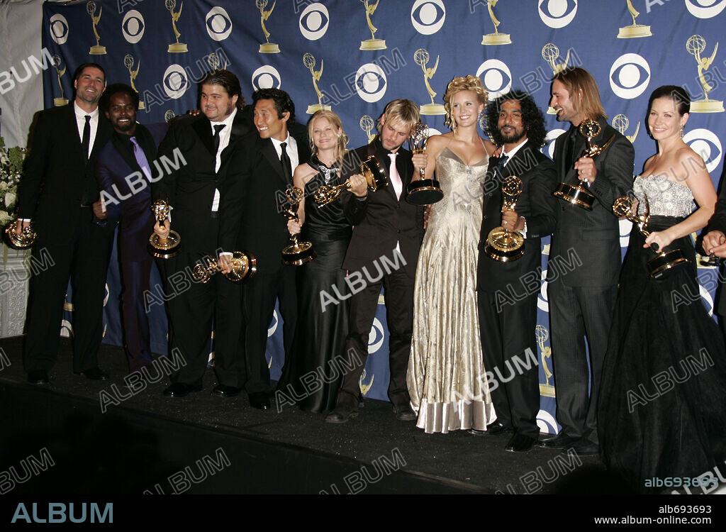 Sep 18, 2005; Los Angeles, CA, USA; (L-R) The cast of 'Lost' MATTHEW FOX, HAROLD PERRINEAU JR, JORGE GARCIA, DANIEL DAE KIM, EMILIE DE RAVIN, DOMINIC MONAGHAN, MAGGIE GRACE, NAVEEN ANDREWS, JOSH HOLLOWAY, EVANGELINE LILLY and TERRY O'QUINN in the press room at the 57th Annual Primetime Emmy Awards. Mandatory Credit: Photo by Lisa O'Connor/ZUMA Press. (©) Copyright 2005 by Lisa O'Connor. 18/09/2005