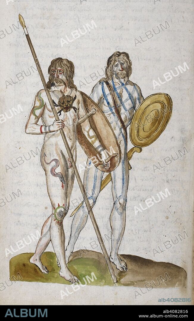 LUCAS DE HEERE. Drawing of two Ancient Britons; one with tattoos, and carrying a spear and shield; the other painted with woad, and carrying a sword and round shield. Corte Beschryvinghe van Engheland, Schotland, ende Irland (Description of England, Scotland and Ireland.). England, London, 1573-1575. Source: Add. 28330 f.8v. Language: Dutch.