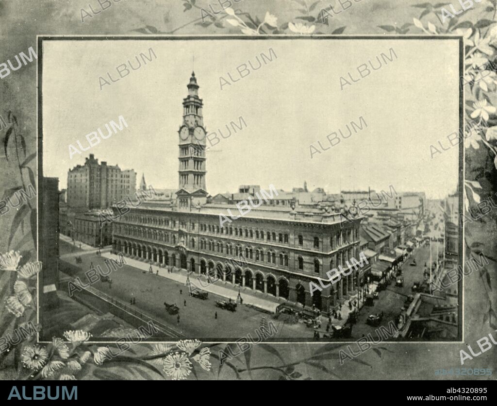 'General Post Office, Sydney', 1901. Landmark building on Martin Place, Sydney, New South Wales, constructed from 1866, designed under guidance of Architect James Barnet in  Victorian Renaissance Style. From "Federated Australia". [The Werner Company, London, 1901].