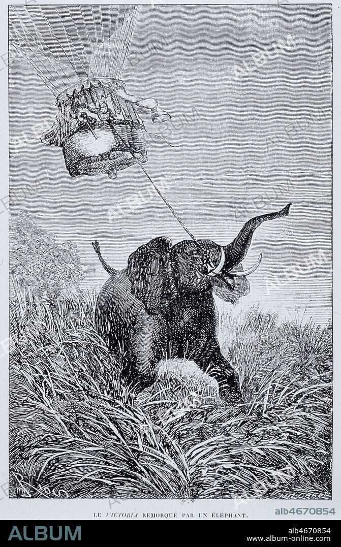 'Cinq semaines en ballon' (1863) premier roman de Jules VERNE (1828-1905) paru aux Editions Hetzel. Le 'Victoria', avec a son bord le docteur Samuel Fergusson, Dick Kennedy et Joe, s' apprete a accoster dans la province du Karagwah quand il se fait remorquer par un elephant: illustration de Edouard RIOU (1823-1900). Credit: Coll. Jonas/Kharbine-Tapabor.