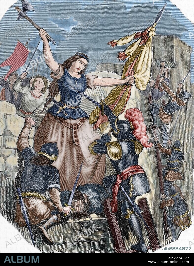 Jeanne Laisné (n.1456). Heroína francesa apodada Jeanne Hachette, figura emblemática de la resistencia francesa contra Carlos el Temerario. Jeanne Hachette durante el sitio de Beauvais, 27 de junio de 1472. Grabado por Pothey. " Biblioteca Universal Ediciones Populares", 1851. Coloreado.