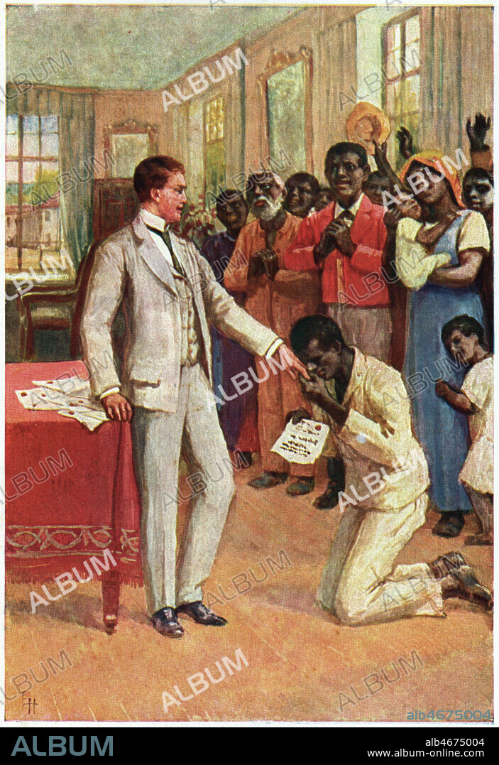 La Case de l'Oncle TOM: le maitre donne une lettre d'affranchissement. Illustration anonyme vers 1910. Credit Collection Jonas/Kharbine Tapabor.