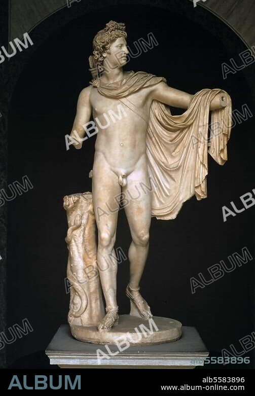 Griechische Skulptur, Leochares, tätig 360-320 v. Chr. zugeschreiben. Der Apollo vom Belvedere. Römische Kopie nach dem Leochares zugeschriebenen Bronzeoriginal. Marmor, Höhe 2,24 m. Cortile del Belvedere, Rom, Vatikanische Museen.