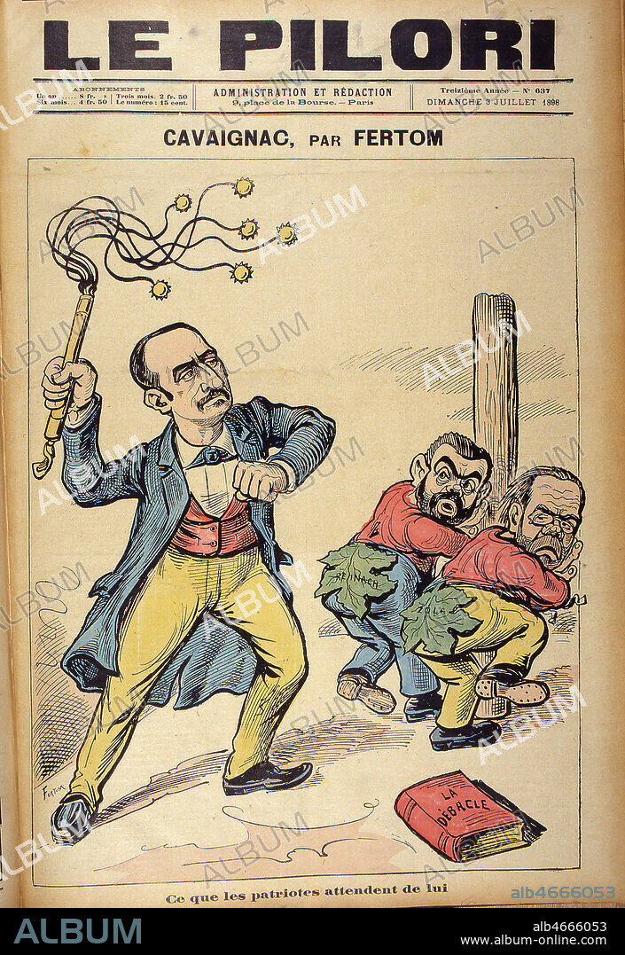 Caricature de Zola dans l'affaire Dreyfus: 'Cavaignac, ce que les patriotes attendent de lui' (Godefroy Cavaignac est nomme ministre de la guerre et les antidreyfusards s'attendent donc à ce qu'il 'fouette' les deux dreyfusards Emile Zola et Joseph Reinach.) par FERTOM (19-20 s.) in Le Pilori du 02/07/1898. Credit: Coll. Dixmier/Kharbine-Tapabor.