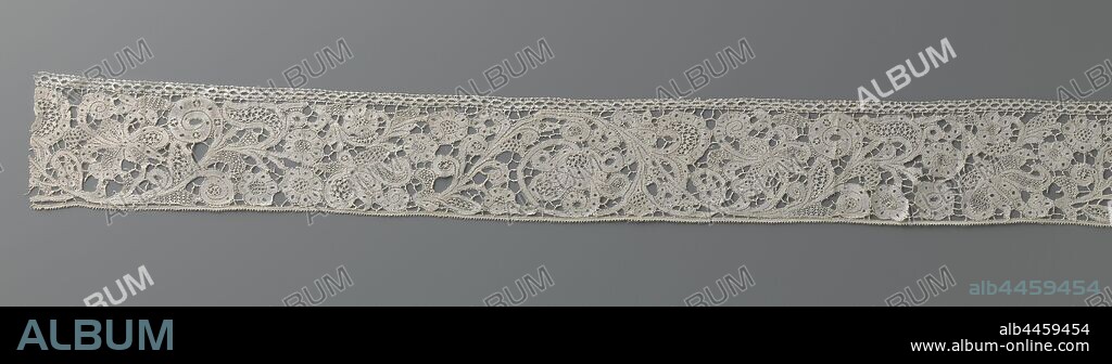 Strip of mixed lace with wavy stem and various large flowers and leaves, Strip of natural-colored mixed lace: old Milanese lace or old Flemish bobbin lace in parts, where the clotted motifs are connected by a needle-edged soil of fixed bars with picots. The repeating pattern consists of a wavy stem with one wave top and one wave valley and several large flowers and leaves on curling side branches. Between the successive wavy stems hangs an exotic flower that is surrounded by different rosette flowers. The outlines of the motifs are largely made in linen with openwork edges and large cut-outs. Within the contours of the flowers and leaves, a wide variety of ornamental grounds has been applied. The top and bottom of the strip are finished with straight straps. The upper strap is cloned with a chain of openwork ovals. The lower strap is straight and narrow and made in linen with picots., anonymous, Milaan (possibly), c. 1675 - c. 1699, linen (material), Flemish lace wit cutted threads, l 120 cm × w 8.5 cm ×, 45.5 cm.