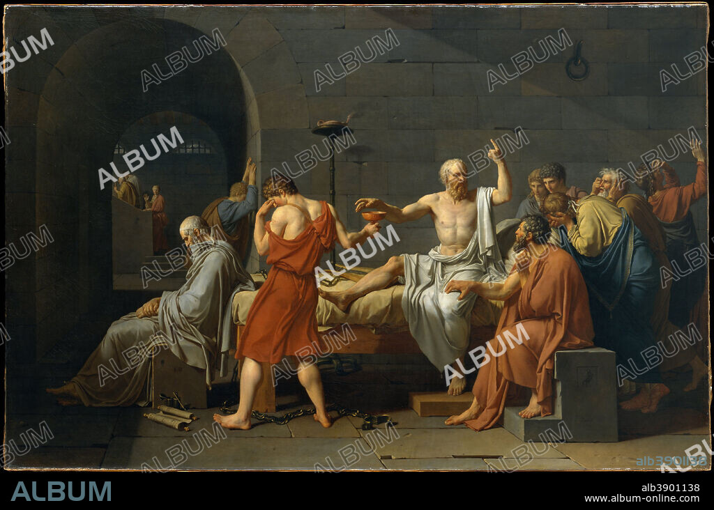 JACQUES LOUIS DAVID. The Death of Socrates. Date/Period: 1787. Painting. Oil on canvas. Height: 129.5 cm (50.9 in); Width: 196.2 cm (77.2 in).