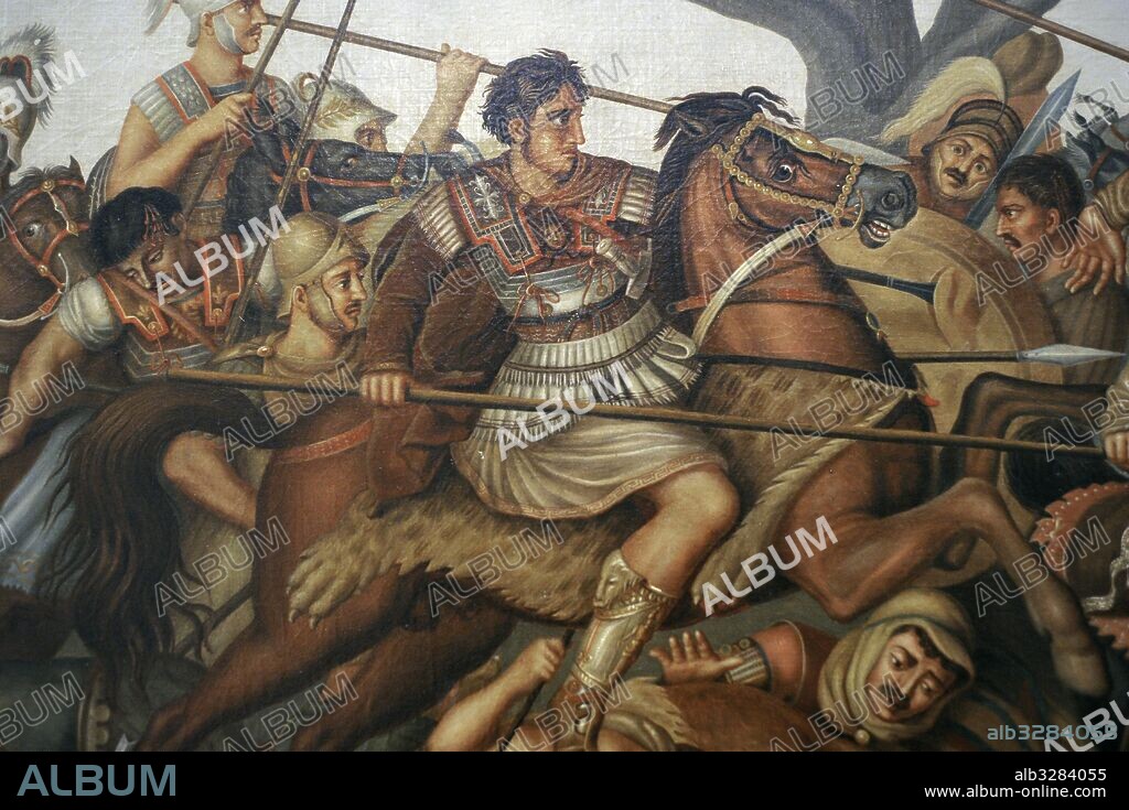 Modern reconstruction of Battle of Issus, between Alexander the Great and the Achaemenid Empire, Darius III. Painting. National Archaeological Museum, Naples. Italy.