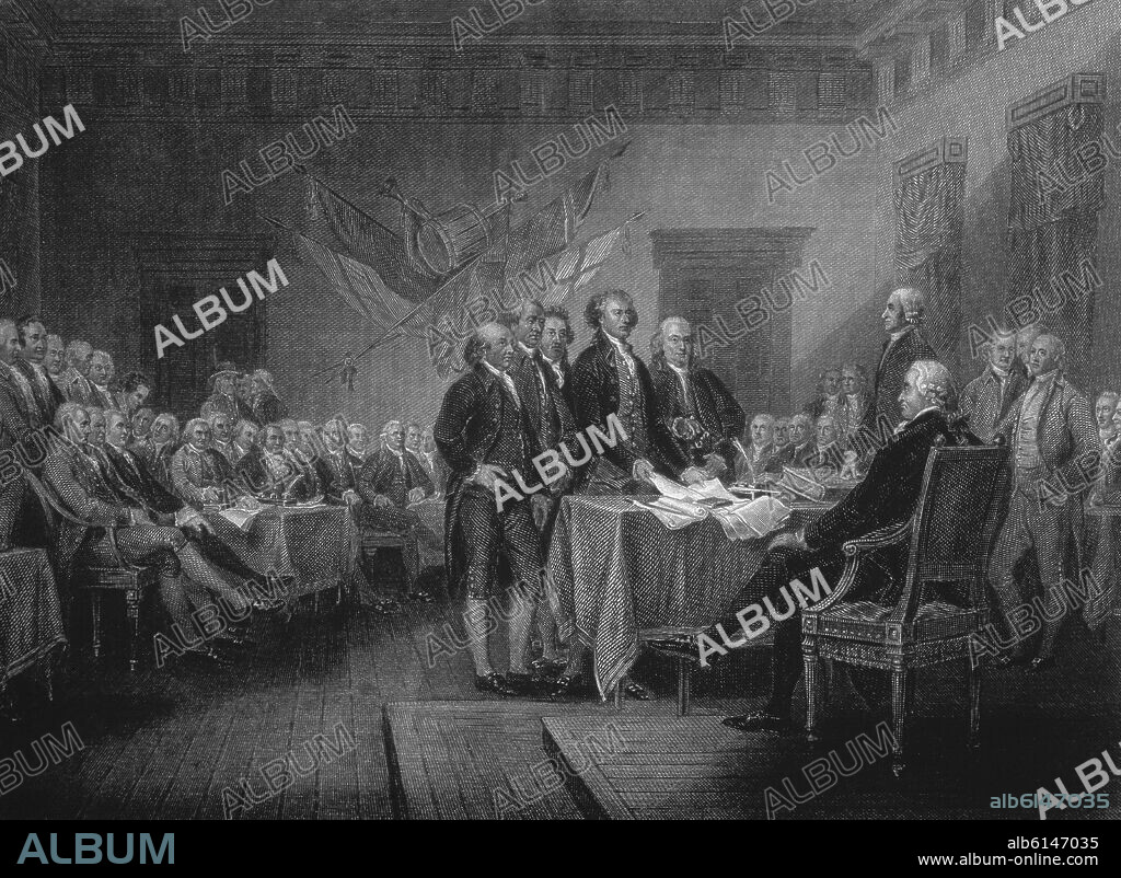 JOHN TRUMBULL (1756-1843). DECLARACION DE LA INDEPENDENCIA DE ESTADOS UNIDOS - 4/7/1776 - GRABADO DEL CUADRO DE TRUMBULL 1870.