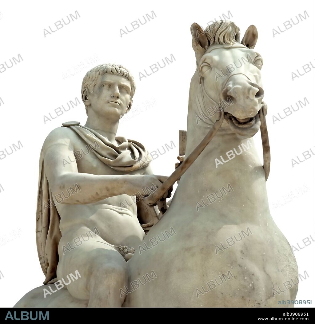 Statue of a youth on horseback. Marble. The young man is naked except for his military cloak (paludamentum).