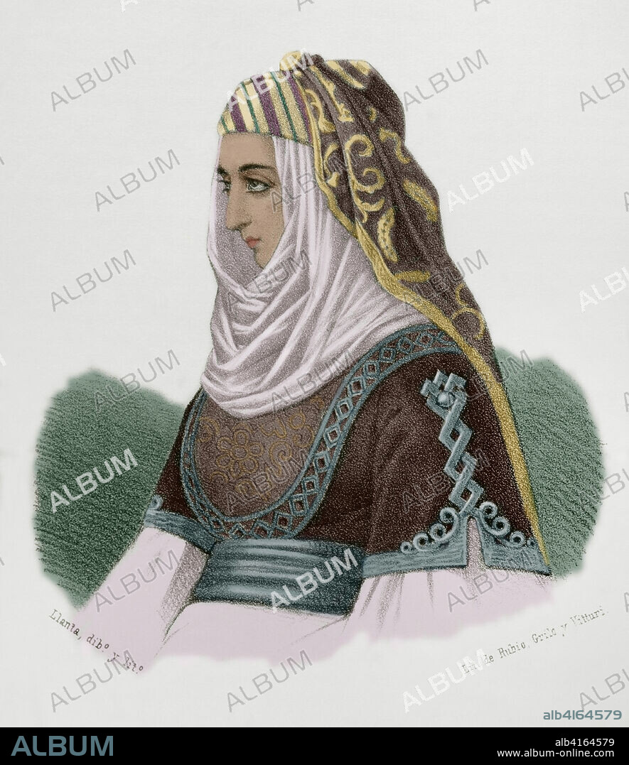 SANTIAGO LLANTA (FL. 1866-1872). FRENCH LITHOGRAPHER WHO WORKED IN SPAIN.. Aisha bint Muhammad ibn al-Ahmar (siglo XV). Reina de Granada, llamada Aisha al-Hurra o Aixa. Esposa del rey nazarí Muley Hacén (1436-1485) y madre de Boabdil el Chico (1459-1533). Retrato. Dibujo por Llanta. Litografía. Coloreada. Crónica General de España, Historia Ilustrada y Descriptiva de sus Provincias. Andalucía, 1869.