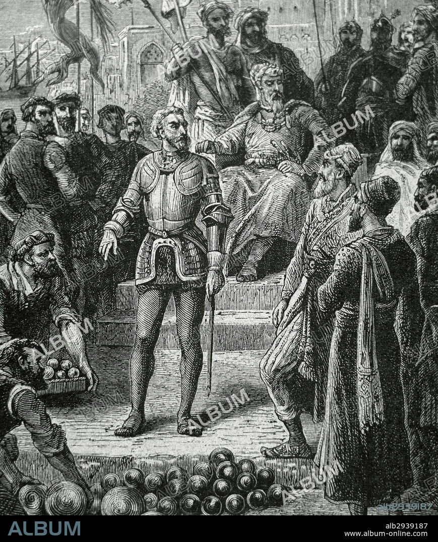 Alfonso de Albuquerque, Duke of Goa (ca.1453-1515). Portuguese general. Viceroy of India. Engraving depicting the ammunition who Albuquerque brings from their ships to the mainland: bullets, buckshots and bombs.