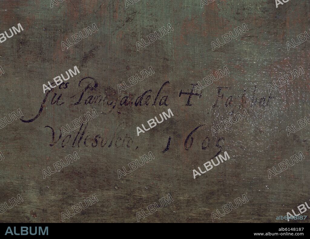 JUAN PANTOJA DE LA CRUZ. FELIPE III - DETALLE INFERIOR IZQUIERDO: FIRMA DEL PINTOR Y FECHA 1609.