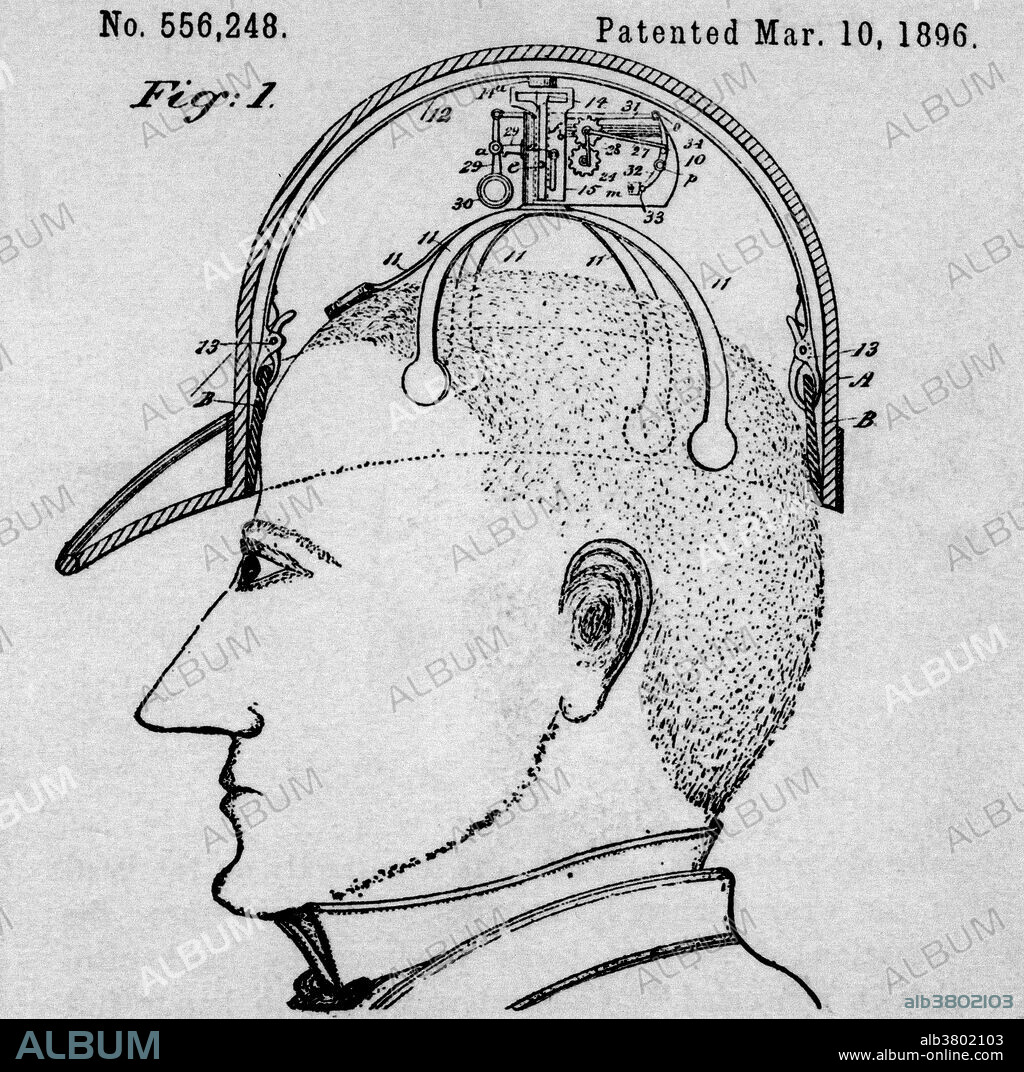 Diagram of a Saluting Device that was patented on March 10, 1896 by James C. Boyle. The device is designed to "automatically effect polite salutations," or tipping one's hat, without the use of hands. Patent No. 556,248.