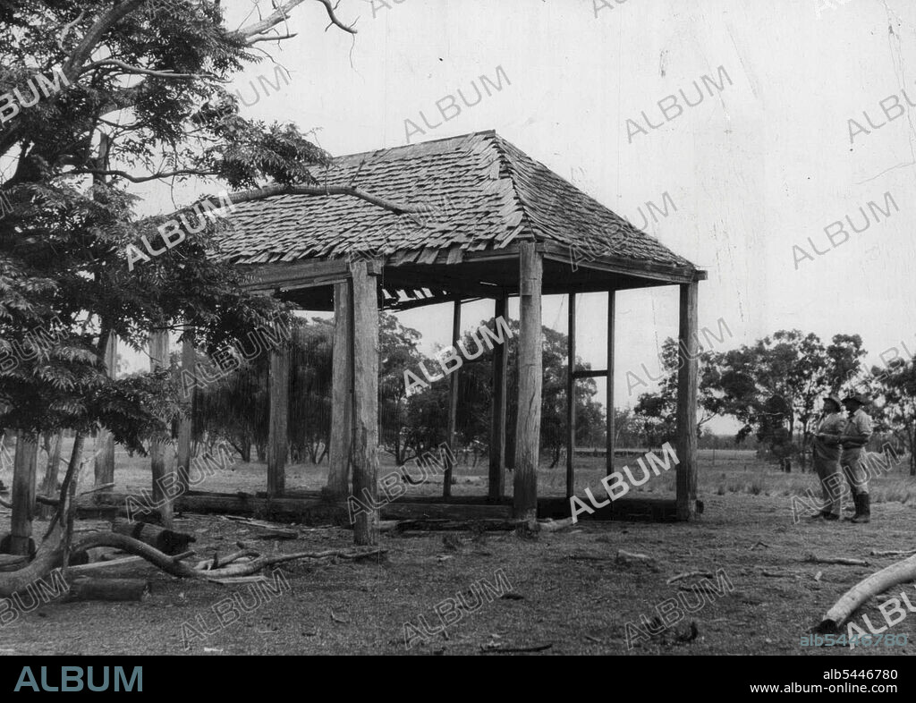 The shingle roofed ruins of the old Mawbey homestead at Breelong, eleven miles from Gilgandra, in the central west of New South Wales, where Jimmy Governor killed five, wounded another and started a career of crime. January 01, 1953.