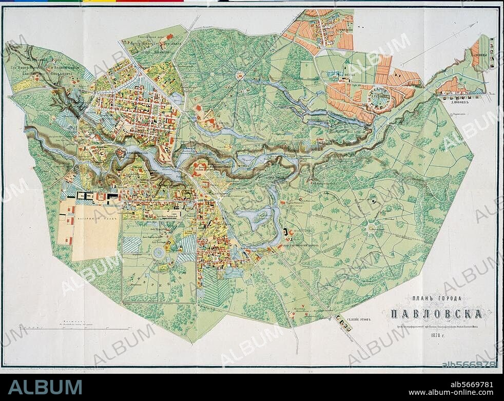 Palais de Pavlovsk près de St-Pétersbourg (Russie). Plan de la ville de Pavlovsk avec, au centre, le Champ de parade. Lith. coul., 1878. H. 0,466 ; L. 0,679. Pavlovsk, Grand Palais.