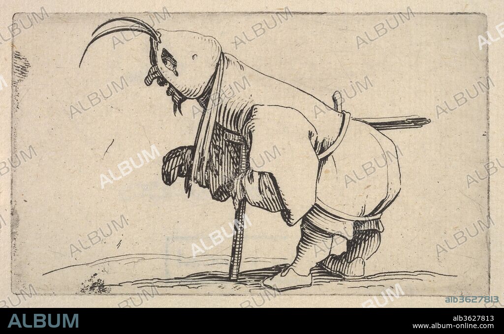 Hooded small figure hunched over a crutch, in profile view with left leg positioned forward and sword affixed to right hip, from the series 'Varie figure gobbi'. Artist: Jacques Callot (French, Nancy 1592-1635 Nancy). Dimensions: Plate: 2 x 3 7/16 in. (5.1 x 8.7 cm)
Sheet: 3 3/4 x 5 3/8 in. (9.5 x 13.6 cm). Series/Portfolio: Varie figure gobbi. Date: ca. 1621-25.