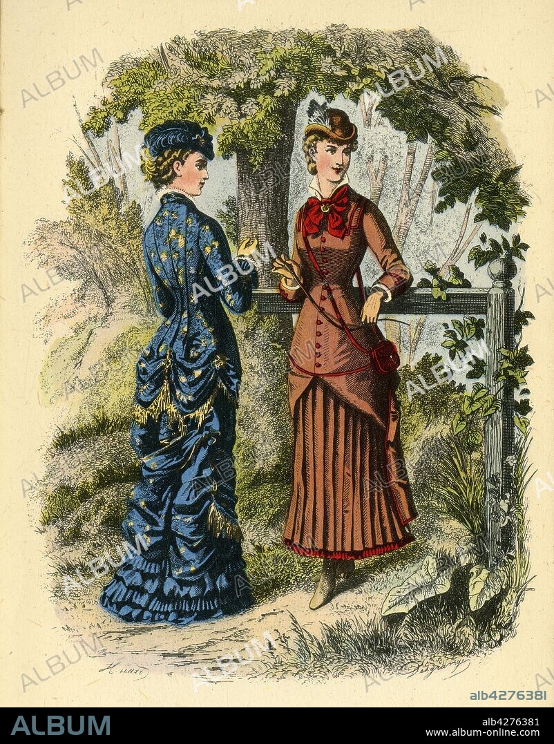 'La Mode Illustree, 1880', 1943. Hand coloured lithorgraph of Victorian fashion from French magazine La Mode Illustree. From "Fashions and Fashion Plates 1800-1900", by James Laver. [Penguin Books Limited, London and New York, 1943].