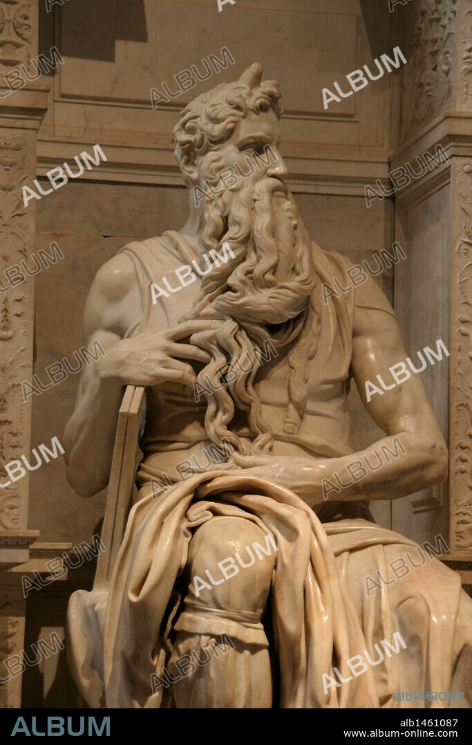 ARTE RENACIMIENTO. CINQUECENTO. ITALIA. MIGUEL ANGEL (Michelangelo Buonarroti) (Caprese, 1475-Roma, 1564). Pintor, poeta, escultor y arquitecto italiano. "TUMBA DEL PAPA JULIO II". Realizada entre 1505 y 1545 en diversas etapas, y acabada por ayudantes de Miguel Angel. Detalle de MOISES. IGLESIA DE SAN PIETRO IN VINCOLI. ROMA.
