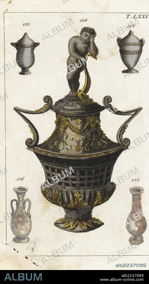 Roman cinerary urns, a large ornate funeral vase with genius and torch surrounded by more simple urns. Handcolored copperplate engraving from G. T. Wilhelm's "Encyclopedia of Natural History: Mankind," Augsburg, 1804. Gottlieb Tobias Wilhelm (1758-1811) was a Bavarian clergyman and naturalist known as the German Buffon.