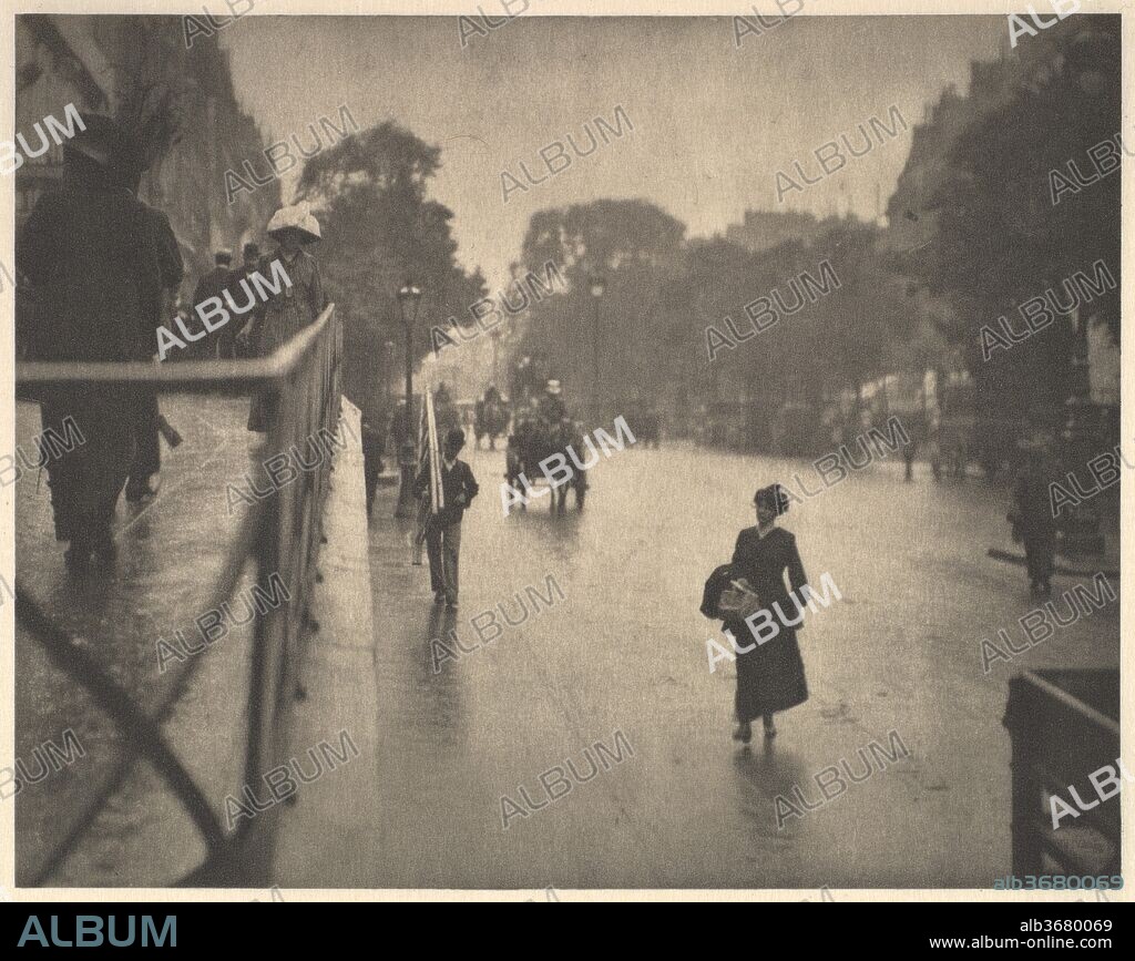 A Snapshot, Paris. Artist: Alfred Stieglitz (American, Hoboken, New Jersey 1864-1946 New York). Dimensions: 13.8 x 17.4 cm. (5  7/16  x 6  7/8  in.). Date: 1911, printed 1912.
Born in Hoboken, New Jersey, Stieglitz trained to be an engineer in Germany and moved to New York in 1890. His lifelong ambition as an artist (and advocate for the arts) was to prove that photography was as capable of artistic expression as painting or sculpture. As the editor of Camera Notes, the journal of the Camera Club of New York, and then later Camera Work (1902-17), Stieglitz espoused his belief in the aesthetic potential of the medium. He published work by photographers who shared his conviction alongside European modernists such as Auguste Rodin, Pablo Picasso, Constantin Brancusi, and Francis Picabia.