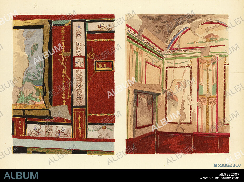 House of Tullius Faustus on the Strada della Fortuna (left), and house of Popidius Priscus (right), Pompeii, Chambre dune maison situee rue de la Fortune, Region IV.4.62. Maison de Popidius Priscus, Region IV.7.2.20. Handcoloured pochoir (stencil) lithograph by Pierre Guzman from his own Decoration murale a Pompei, (Wall decoration at Pompeii), Editions Albert Morance), Paris, 1924.