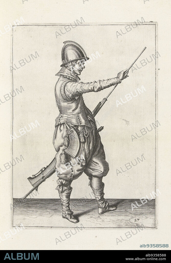 Soldier pulling his ramrod from the barrel of his helm (no. 27), c. 1600, A soldier, full-length, to the right, holding a helm (a particular type of firearm) with his left hand near his left thigh and pulling his ramrod from the barrel with his right hand (no. 27), c. 1600. Plate 27 in the instructions for handling the helm: Corte onderwysinghe op de figuerliicke afbeeldinghe, belanghende t'rechte ghebruyck des Roers. Part of the illustrations in: J. de Gheyn, Wapenhandelinghe van Roers Musquetten ende speiessen, 's-Gravenhage, 1607. Martial arts circa 1600., print maker: Jacob de Gheyn (II) (workshop of), print maker: Robert de Baudous (possibly), print maker: Northern Netherlandsprint maker: Northern Netherlands, publisher: The Hague, 1597 - 1607, paper, engraving, height 260 mm × width 185 mm.