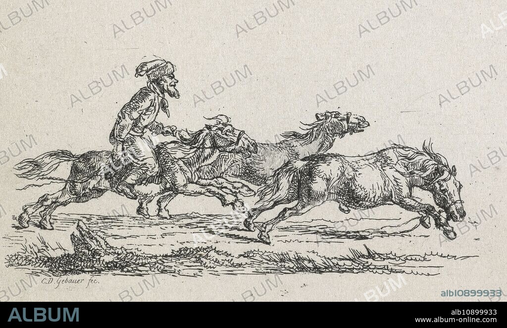 CHRISTIAN DAVID GEBAUER. No title - (Rider chasing two horses), 1792-1831. Depicting a bearded mounted horseman giving chase to two other horses. The one in the foreground still drags its reins, indicating that they are runaways.