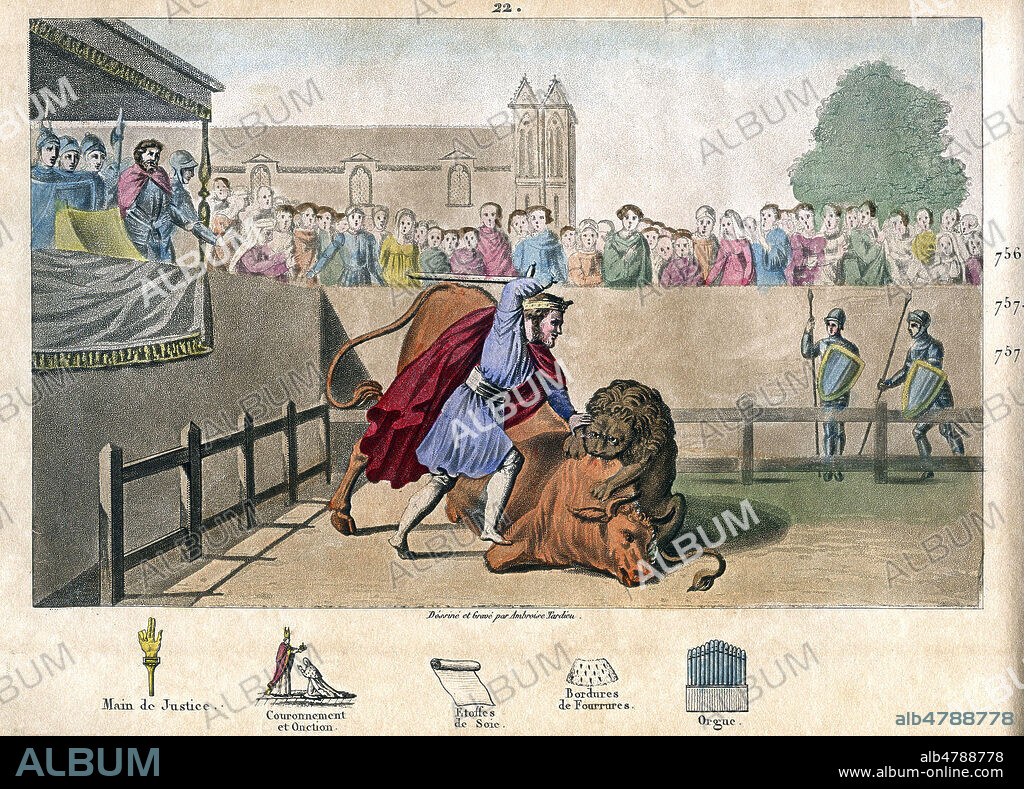 Au cours d'un combat entre un lion et un taureau, PEPIN Le Bref (714-768) s'elance dans l'arene et les abats l'un apres l'autre. Illustration de 1825 par Ambroise TARDIEU (1788-1841) pour Histoire de France representee par des tableaux synoptiques par M. COLART. Credit : Collection Jonas/Kharbine-Tapabor.
