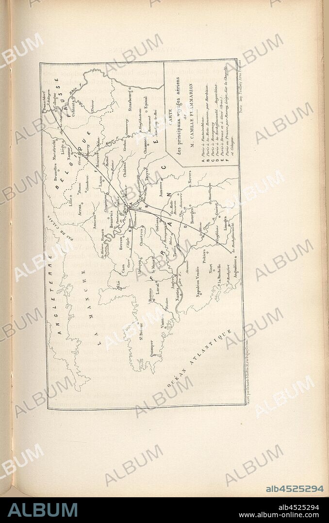 Map of Major Air Travel by Mr. Camille Flammarion, Map of hot air balloon flights from Camille Flammarion from Paris to Fontainebleau, La Motte Beuvron, Beaugency, La Rochefoucauld; Dreux, Gacé (Orne) and Prussia, Signed: Gravé par Erhard Schieble; Imp. Fraillery, Fig. 60, p. 298, Schieble, Erhard (sc.); Fraillery (imp.), 1870, James Glaisher; Camille Flammarion; Wilfrid de Fonvielle; Gaston Tissandier: Voyages aériens. Paris: Hachette, 1870.