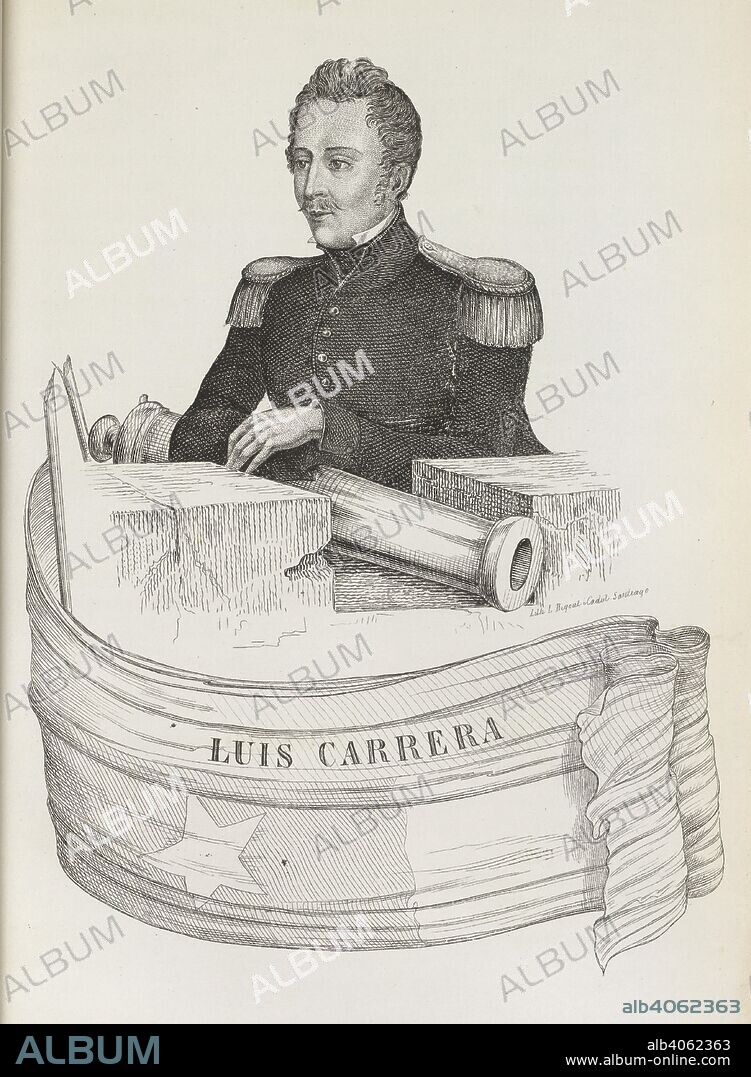 Luis Carrera. El Ostracismo de los Carreras, los Jenerales J. M. Santiago, 1857. Luis Carrera (1791-1818). He was a Chilean military officer who fought in the Chilean War of Independence. Portrait.  Image taken from El Ostracismo de los Carreras, los Jenerales J. M., i J. J., i el Colonel L. Carrera. Episodio de la Independencia de Sud-America.  Originally published/produced in Santiago, 1857. . Source: 9781.d.3, 165.