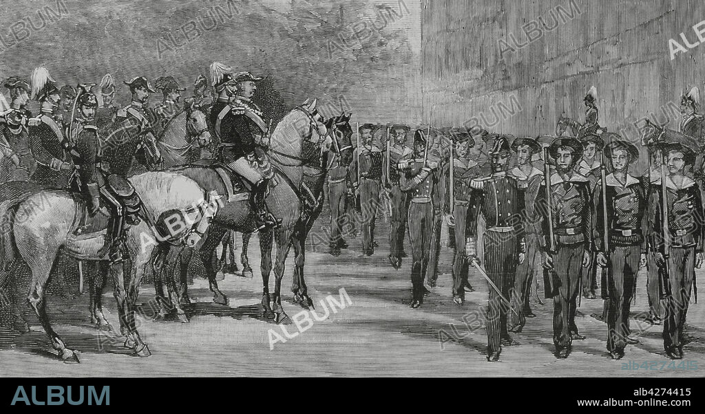 Journey to Portugal of the kings of Spain, Alfonso XII (1857-1885) and Maria Cristina de Habsburgo-Lorena (1858-1929). Lisbon. Military review. Parade of the sailors' battalion before the Monarchs. Engraving. La Ilustración Española y Americana, 1882.