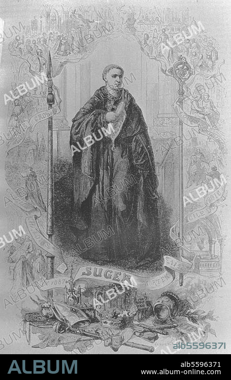 Suger, French statesman, historian and theologian, from 1122 Abbot of Saint-Denis; Saint-Omer (?) 1081 - Saint-Denis 13.1.1151. Portrait. Engraving after drawing by Gerlier. (born 1826). From "Histoire populaire de la France" (Éd. Charles Lahure), 1866.