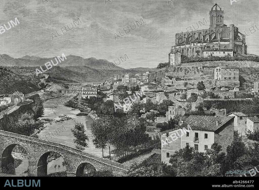 España. Cataluña, provincia de Barcelona, Manresa. Vista de la ciudad tomada desde el puente viejo, sobre el río Cardener. Al fondo la Catedral o Basílica de Santa María de la Seu. Grabado por Capuz. La Ilustración Española y Americana,22 de marzo de 1881.
